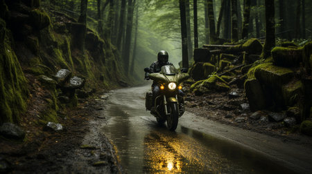motorcyclist driving on the road in forestの素材