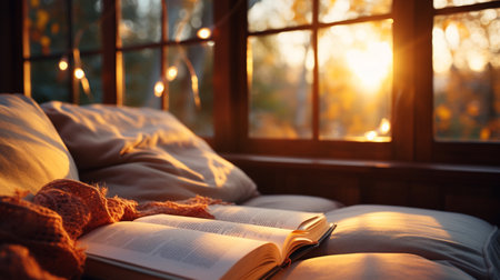 book on the window at sunsetの素材