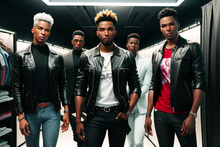 portrait of group of African American young guys in modern studioの素材