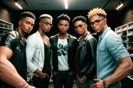 portrait of group of African American young guys in modern studioの素材