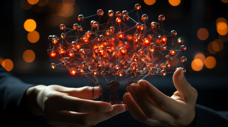 human hand holding glowing cube with sparkling lines.の素材