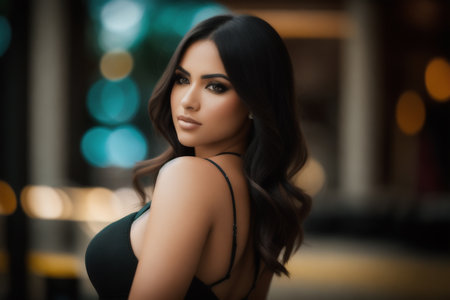 beautiful brunette girl in a black dress in the city streetsの素材