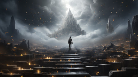 a man with a burning lantern in the middle between a stone stairs in the dark. the concept of a fantasyの素材