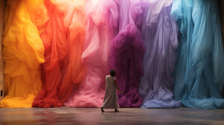 a man is standing in a big room with colorful cloudsの素材