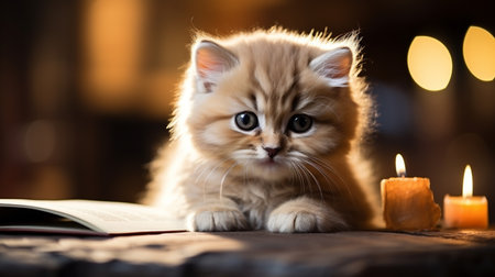 cat reading book on the table.の素材