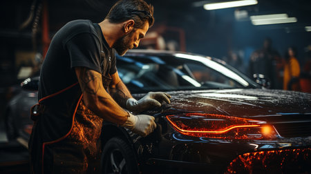 car worker in uniform working with a red carの素材