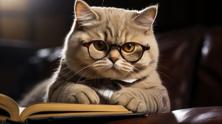 cat reading book on the table.の素材