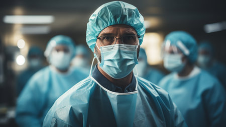 close up of male surgeon in protective clothing performing operation in operating room. healthcare and medical conceptの素材