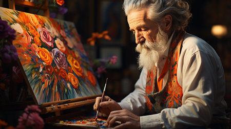 artist paints picture on the canvas in the studioの素材