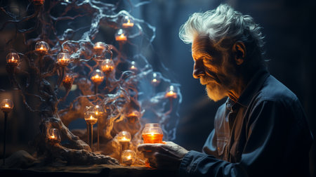 portrait of man in dark roomの素材