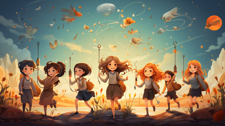 happy children with a magic bottle and a lamp in a magic room.の素材