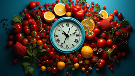 composition with clock of fruits and vegetablesの素材