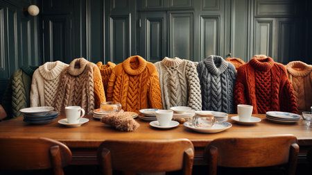 handmade knitted woolen yarn on wooden bench in the cafe.の素材