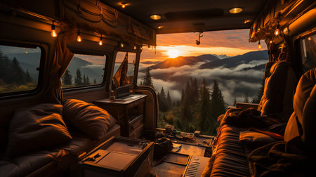camper van on the beach at sunset.の素材