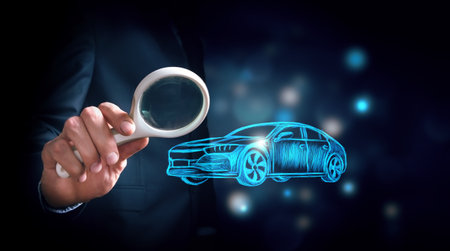 businessman pressing modern car type of icon on virtual button, online service conceptの写真素材