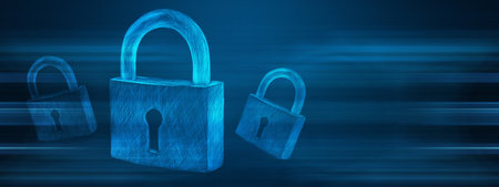 Cyber security concept with closed padlock on a blue background.