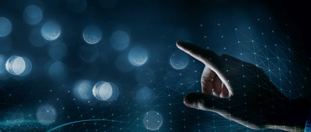 hand pressing virtual button with cloud technology concept