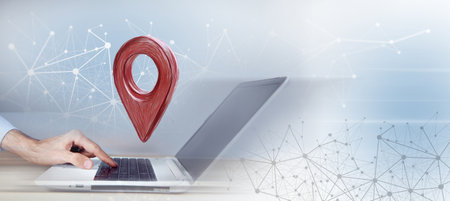 red map pointer with location icon.  location marker symbol