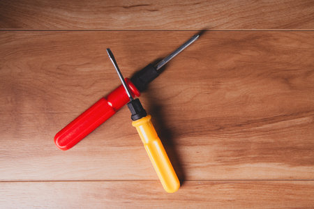 set of construction tools on the wooden background