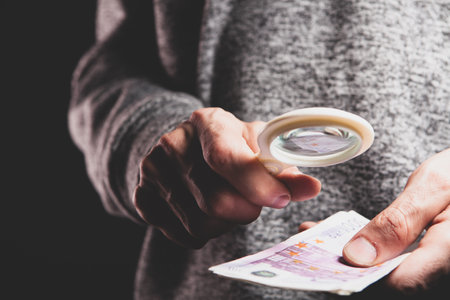 hand holding a magnifying glass of money.の写真素材