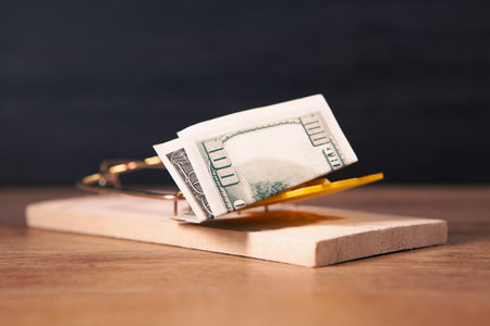 money trap with dollar bills. trap with money on the wooden background.の写真素材
