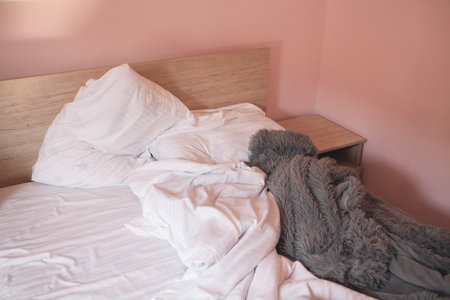 bed in a bedroom with a pillowの写真素材