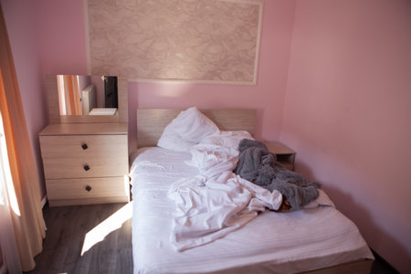 bedroom with pink pillows, bed and blanketの写真素材