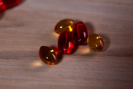 pills on a wooden table, medicineの写真素材