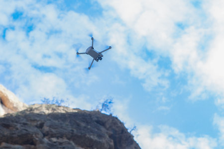 flying drone in the skyの写真素材