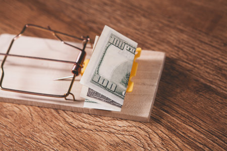 Mousetrap with money on a wooden background. Business concept.の写真素材