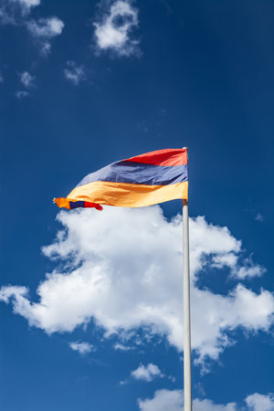 flag of armenia waving against the skyの写真素材