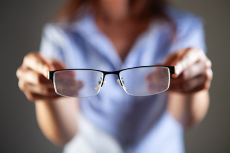 Closeup on woman holding eyeglasses, focus on eyeglasses