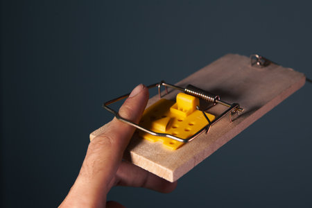 Mousetrap with a man's hand on a dark background