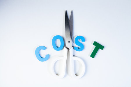 Scissors cut the word cost on a white background, business concept