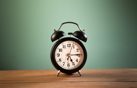 Retro alarm clock on wooden table and green background. Time concept