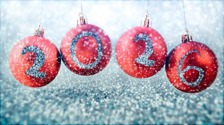 New Year 2016 concept. Red Christmas baubles on glitter background.