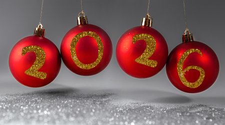 New Year 2016 on red christmas baubles on silver backgroundの写真素材