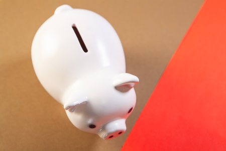 White piggy bank on red and brown background with copy space.の写真素材