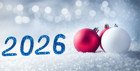 Happy New Year 2026 with red and white baubles on snowの写真素材