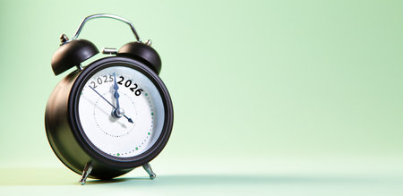 Retro alarm clock on green background. Time concept. 3D Rendering