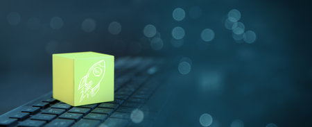 Rocket icon on a computer keyboard. 3d illustration. Business concept
