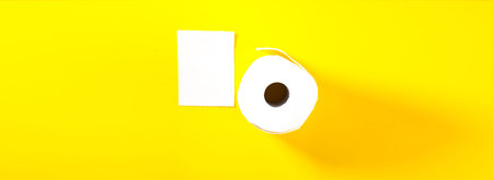 Toilet paper roll on a yellow background. Minimal concept.の写真素材