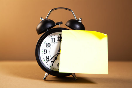 Alarm clock and sticky note on wooden table. Time management concept