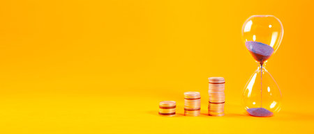 Time is money concept with hourglass and coins on orange background.