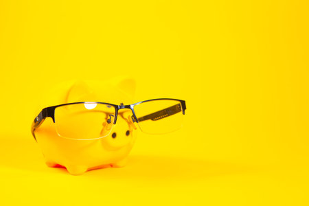 Piggy bank with glasses on a yellow background. Copy space.の写真素材