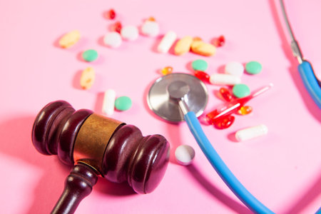 medical pills, stethoscope on pink backgroundの写真素材