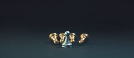 Chess business concept, leader & success. Chess figures on a black background
