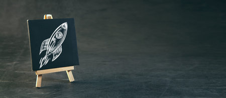 Rocket icon on blackboard. Space exploration concept. 3D Rendering