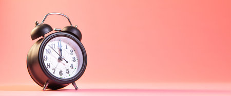 Black alarm clock on pink background. Copy space for your text.の写真素材