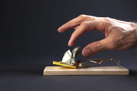 Mousetrap with a man's hand on a black background